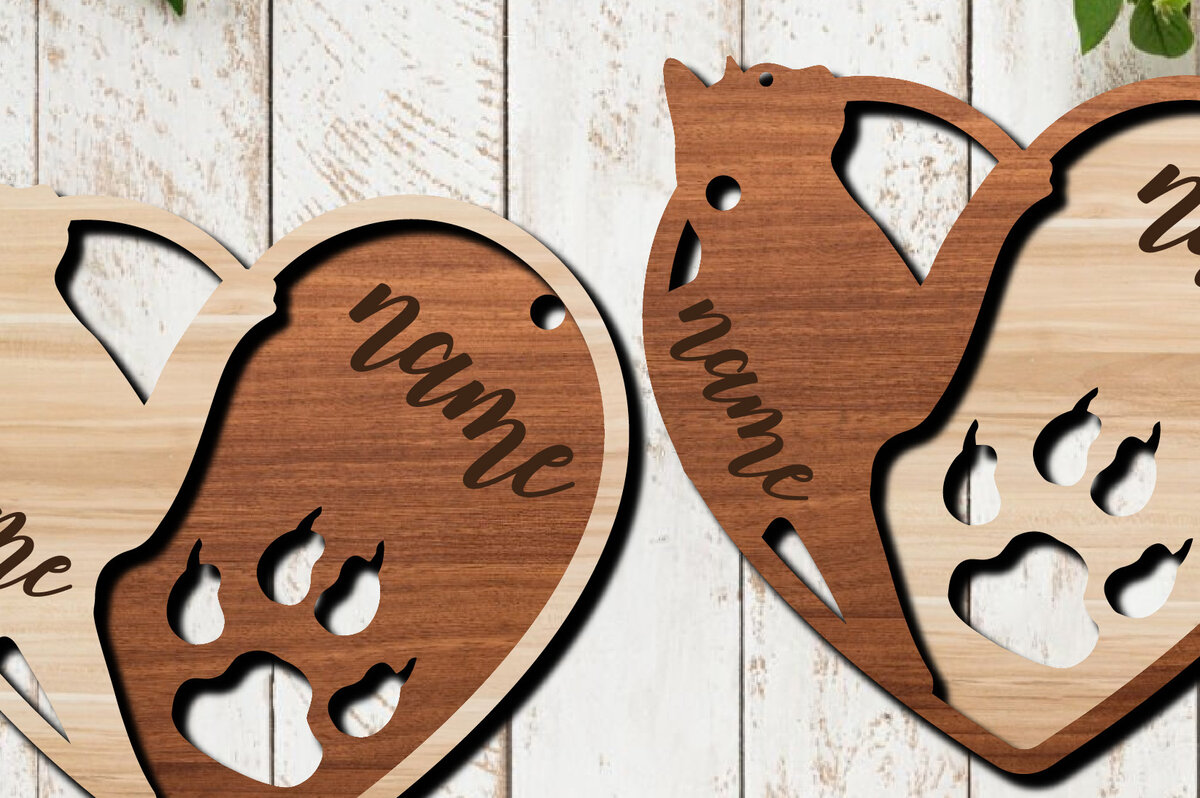 Σετ των 3 Intra απο ξύλο plywood 3mm-4mm πάχος Τρισδιάστατη με μπρελόκ καρδιών ποδιών γάτας Δίασταση 6x6 cm INTRAFABR-27264366