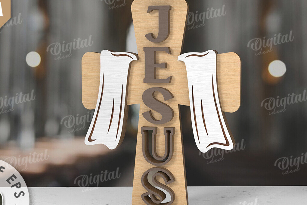 Σετ των 2 Intra απο ξύλο plywood 3mm-4mm πάχος 3D Christian Cross Cut  Δίασταση 30x20 cm INTRAFABR-118836079