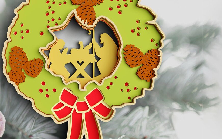 Σετ των 2 Intra απο ξύλο plywood 3mm-4mm πάχος Τρισδιάστατο στεφάνι Χριστουγέννων Δίασταση 30x30 cm INTRAFABR-77143074