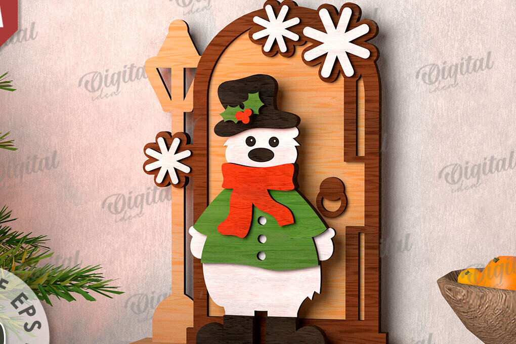 Σετ των 2 Intra απο ξύλο plywood 3mm-4mm πάχος Τρισδιάστατο χριστουγεννιάτικο αρκουδάκι στη βεράντα Δίασταση 15x15 cm INTRAFABR-111206243