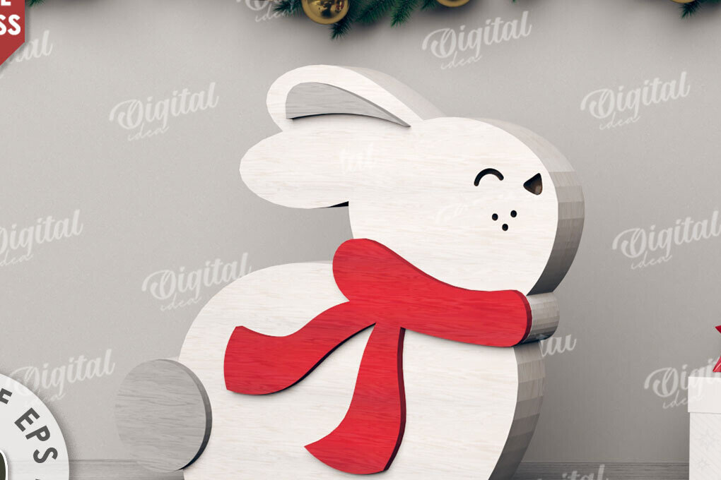 Σετ των 3 Intra απο ξύλο plywood 3mm-4mm πάχος Τρισδιάστατη Χριστουγεννιάτικο λαγουδάκι Δίασταση 15x15 cm INTRAFABR-110759270