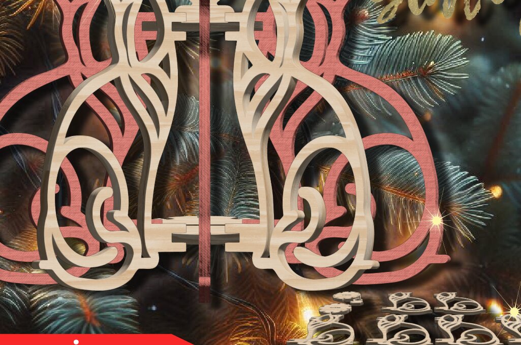 Σετ των 3 Intra απο ξύλο plywood 3mm-4mm πάχος Τρισδιάστατο χριστουγεννιάτικο στολίδι για γάτα με λέιζερ Δίασταση 8x8 cm INTRAFABR-107287576