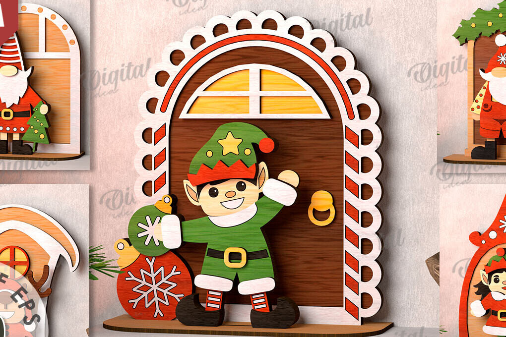 Σετ των 2 Intra απο ξύλο plywood 3mm-4mm πάχος τρισδιάστατων χριστουγεννιάτικων χαρακτήρων  Δίασταση 15x15 cm INTRAFABR-111208974