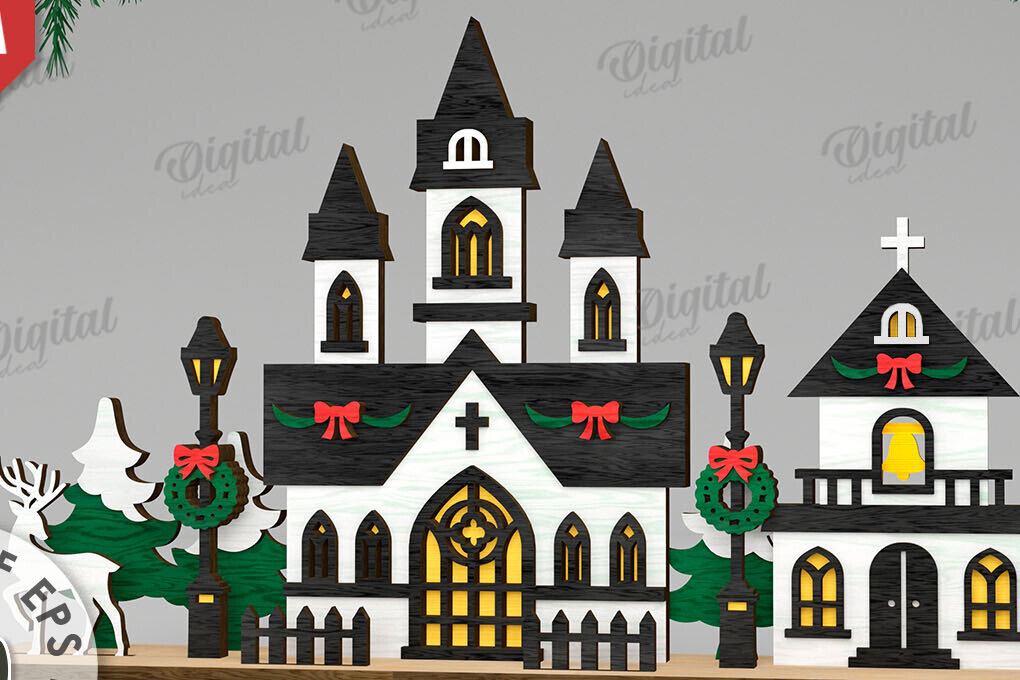 Σετ των 2 Intra απο ξύλο plywood 3mm-4mm πάχος Τρισδιάστατη χριστουγεννιάτικη εκκλησία κοπής με λέιζερ Δίασταση 15x15 cm INTRAFABR-109486491