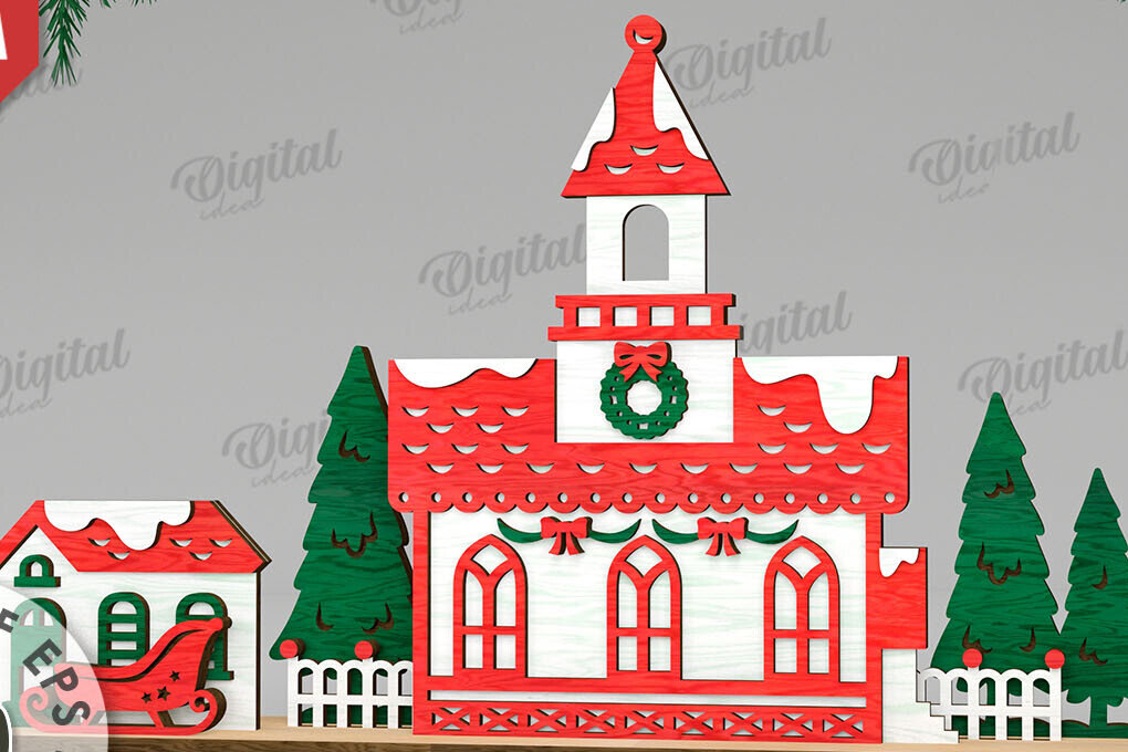 Σετ των 3 Intra απο ξύλο plywood 3mm-4mm πάχος Τρισδιάστατη χριστουγεννιάτικη εκκλησία κοπής με λέιζερ Δίασταση 15x15 cm INTRAFABR-109486516