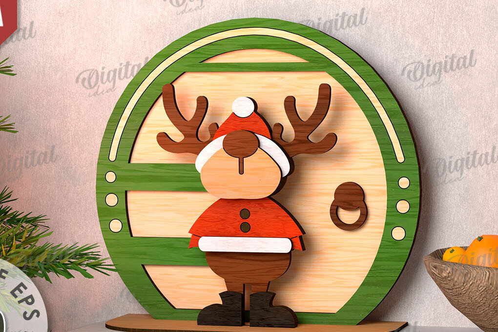 Σετ των 2 Intra απο ξύλο plywood 3mm-4mm πάχος Τρισδιάστατο χριστουγεννιάτικο ελάφι στη βεράντα Δίασταση 15x15 cm INTRAFABR-111206380