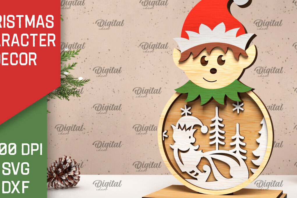 Σετ των 3 Intra απο ξύλο plywood 3mm-4mm πάχος Τρισδιάστατη Χριστουγεννιάτικη διακόσμηση ξωτικού Δίασταση 15x15 cm INTRAFABR-105996197