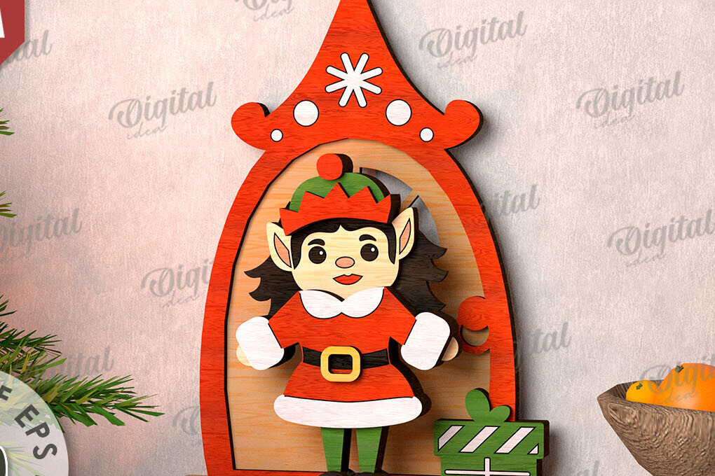 Σετ των 2 Intra απο ξύλο plywood 3mm-4mm πάχος Τρισδιάστατο χριστουγεννιάτικο ξωτικό στη βεράντα Δίασταση 15x15 cm INTRAFABR-111206138