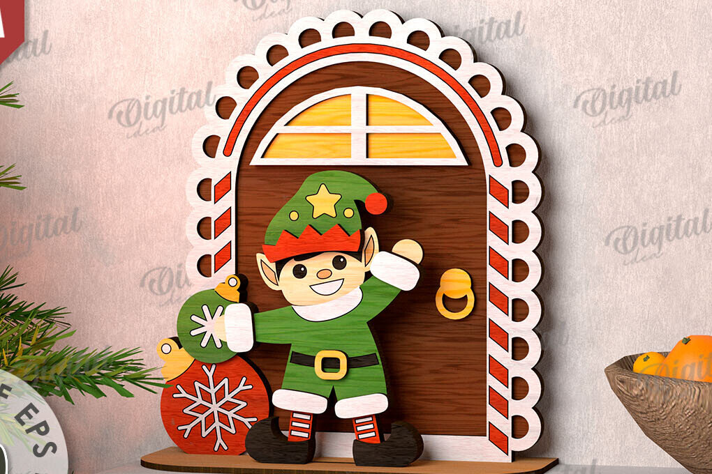 Σετ των 2 Intra απο ξύλο plywood 3mm-4mm πάχος Τρισδιάστατο χριστουγεννιάτικο ξωτικό στη βεράντα Δίασταση 15x15 cm INTRAFABR-111206011