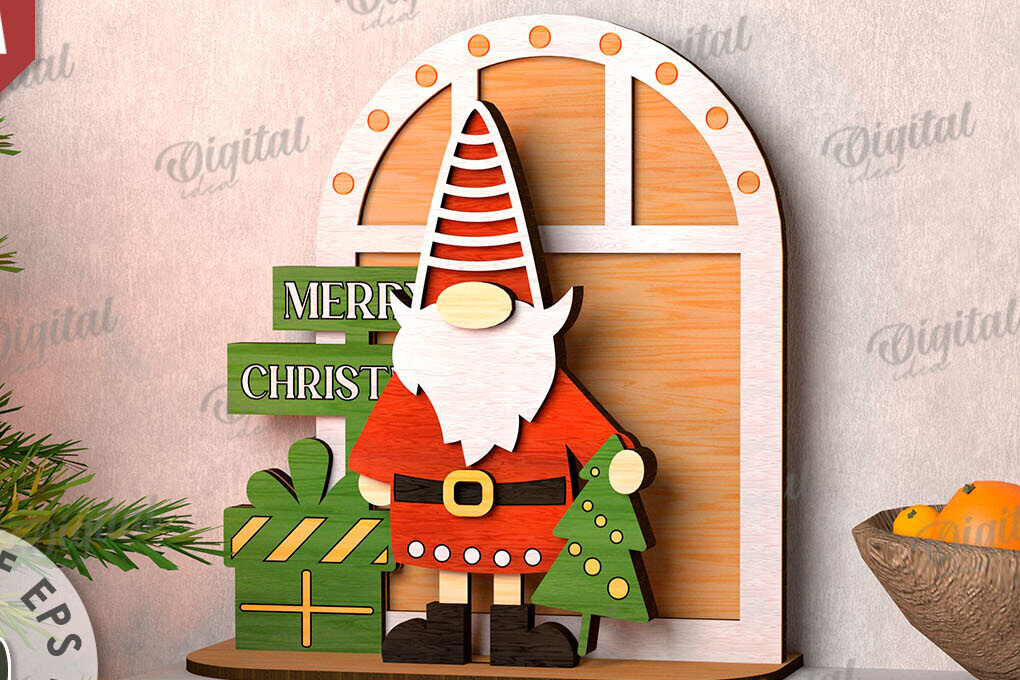 Σετ των 2 Intra απο ξύλο plywood 3mm-4mm πάχος Τρισδιάστατο Χριστουγεννιάτικο Gnome στη βεράντα  Δίασταση 15x15 cm INTRAFABR-111206168