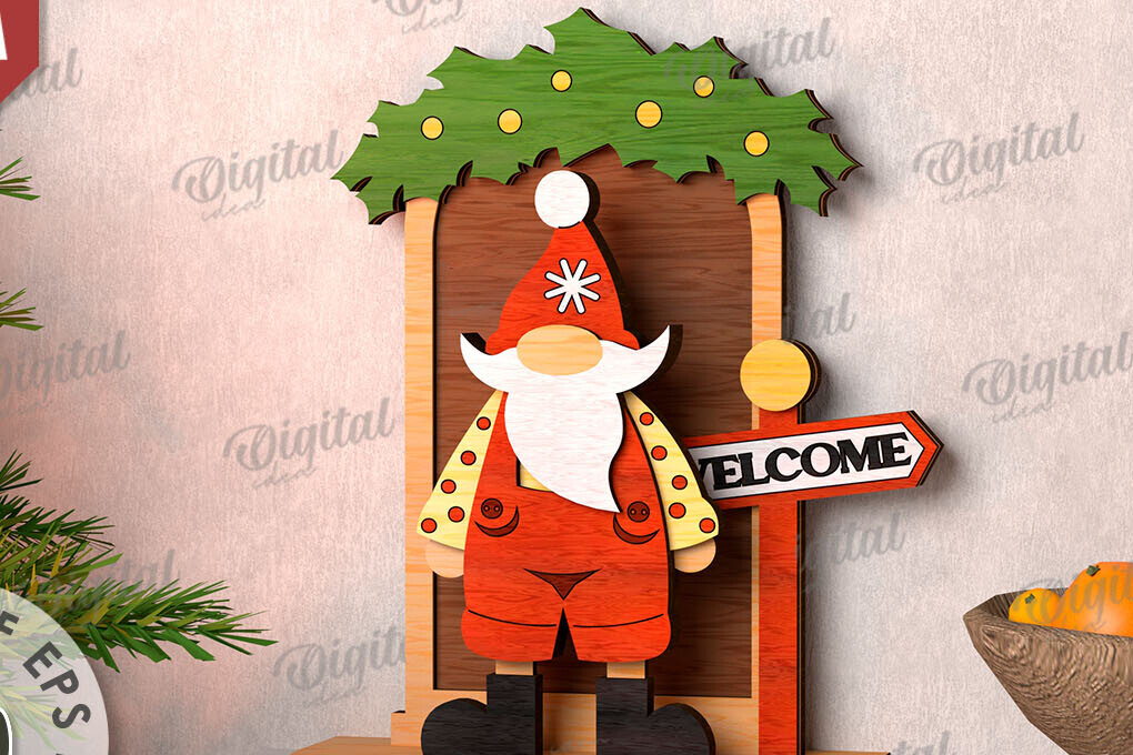 Σετ των 2 Intra απο ξύλο plywood 3mm-4mm πάχος Τρισδιάστατο Χριστουγεννιάτικο Gnome στη βεράντα  Δίασταση 15x15 cm INTRAFABR-111206078