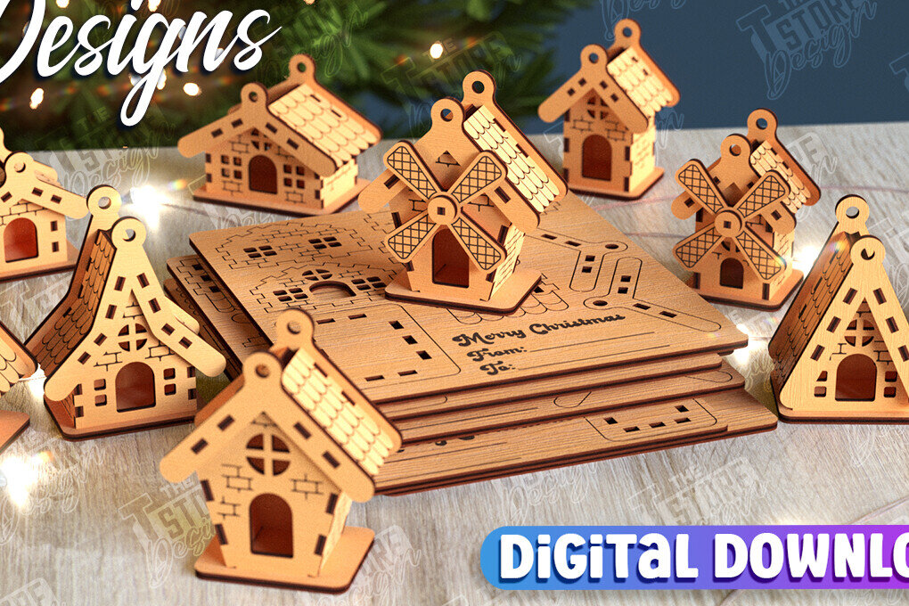 Σετ των 2 Intra απο ξύλο plywood 3mm-4mm πάχος 3D Χριστουγεννιάτικου Σπίτι | Μοντέλο DIY Δίασταση 15x15 cm INTRAFABR-105659341