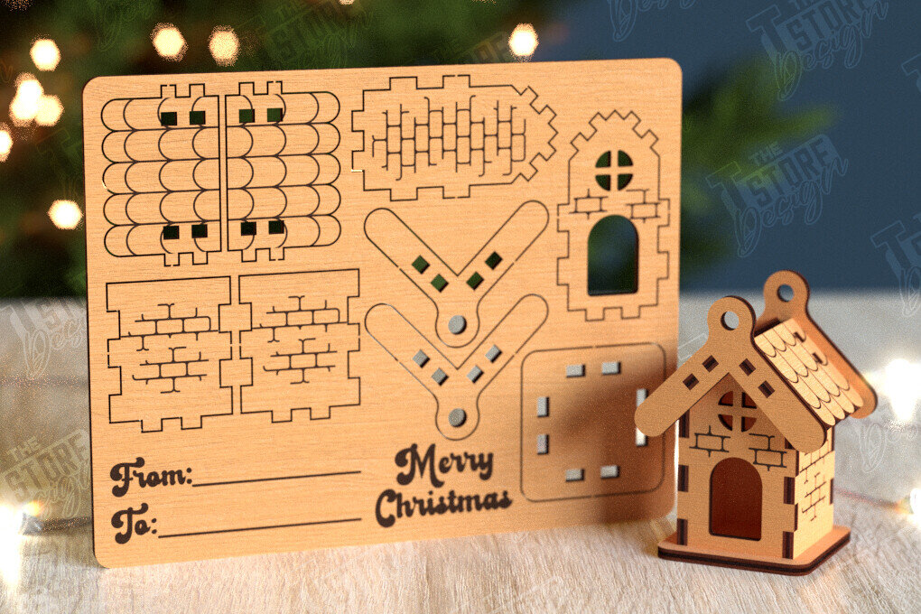 Σετ των 2 Intra απο ξύλο plywood 3mm-4mm πάχος 3D Χριστουγεννιάτικο Σπίτι |DIY| Χριστουγεννιάτικη κάρτα Δίασταση 15x15 cm INTRAFABR-105659061