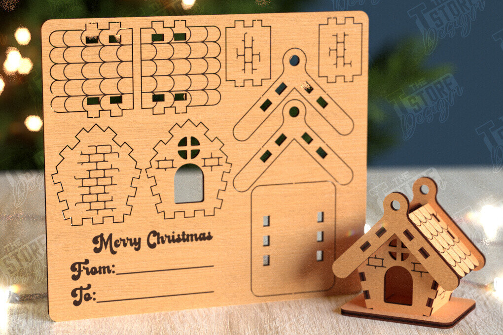 Σετ των 3 Intra απο ξύλο plywood 3mm-4mm πάχος 3D Χριστουγεννιάτικο Σπίτι |DIY| Χριστουγεννιάτικη κάρτα Δίασταση 15x15 cm INTRAFABR-105659065
