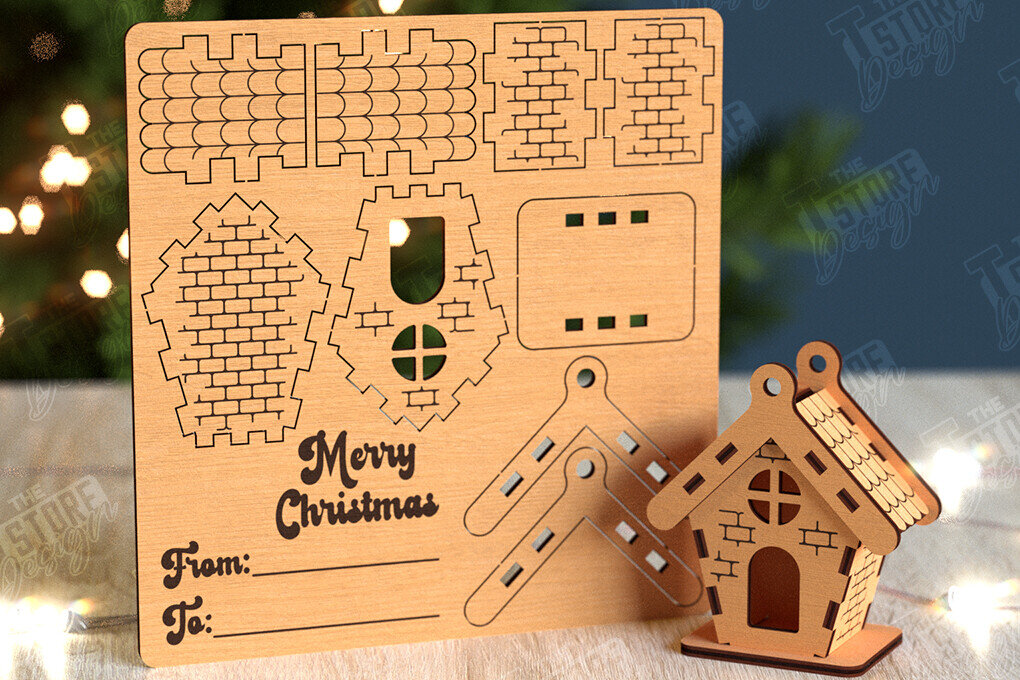 Σετ των 2 Intra απο ξύλο plywood 3mm-4mm πάχος 3D Χριστουγεννιάτικο Σπίτι |DIY| Χριστουγεννιάτικη κάρτα Δίασταση 15x15 cm INTRAFABR-105659078
