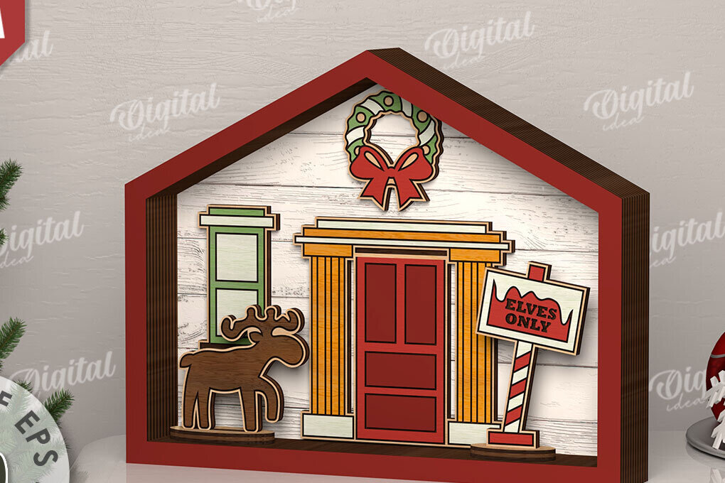 Σετ των 2 Intra απο ξύλο plywood 3mm-4mm πάχος Τρισδιάστατη Χριστουγεννιάτικου σπιτιού Δίασταση 15x15 cm INTRAFABR-111131580