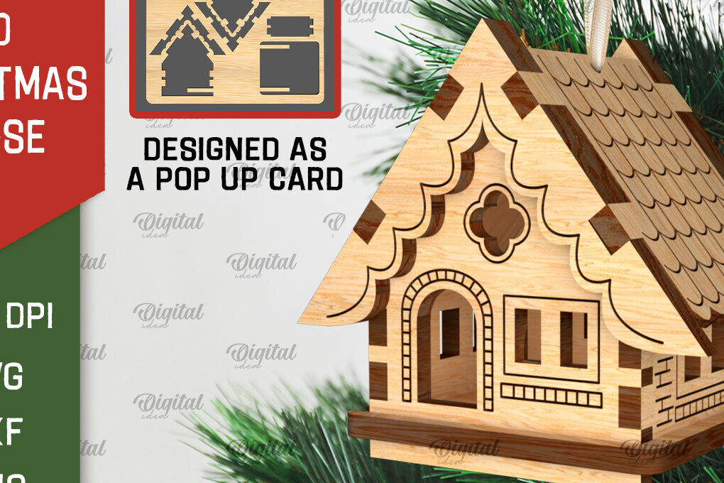 Intra απο ξύλο plywood 3mm-4mm πάχος 3D Χριστουγεννιάτικο Σπίτι . Αναδυόμενη κάρτα Δίασταση 15x15 cm INTRAFABR-106950685