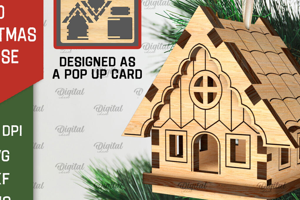 Σετ των 2 Intra απο ξύλο plywood 3mm-4mm πάχος 3D Χριστουγεννιάτικο Σπίτι . Αναδυόμενη κάρτα Δίασταση 15x15 cm INTRAFABR-106950085