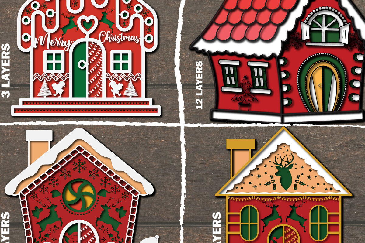 Σετ των 2 Intra απο ξύλο plywood 3mm-4mm πάχος Τρισδιάστατη κοπή χριστουγεννιάτικου σπιτιού με Δίασταση 1200x1200 cm INTRAFABR-107072843