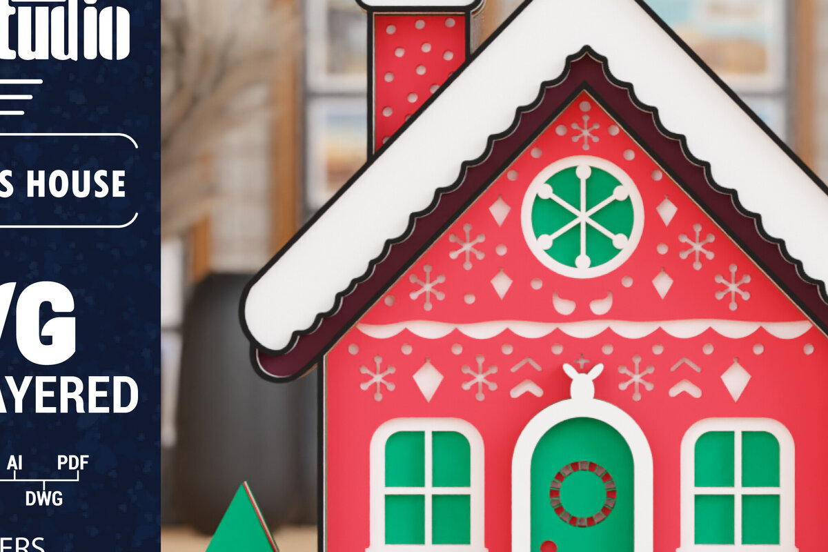 Σετ των 2 Intra απο ξύλο plywood 3mm-4mm πάχος 3d Χριστουγεννιάτικο Σπίτι PaperCut  Δίασταση 1200x1200 cm INTRAFABR-110153332