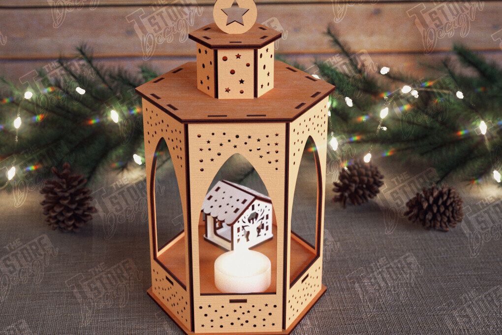 Σετ των 2 Intra απο ξύλο plywood 3mm-4mm πάχος 3D Χριστουγεννιάτικο Φανάρι | Κηροπήγιο Δίασταση 15x15 cm INTRAFABR-110588504