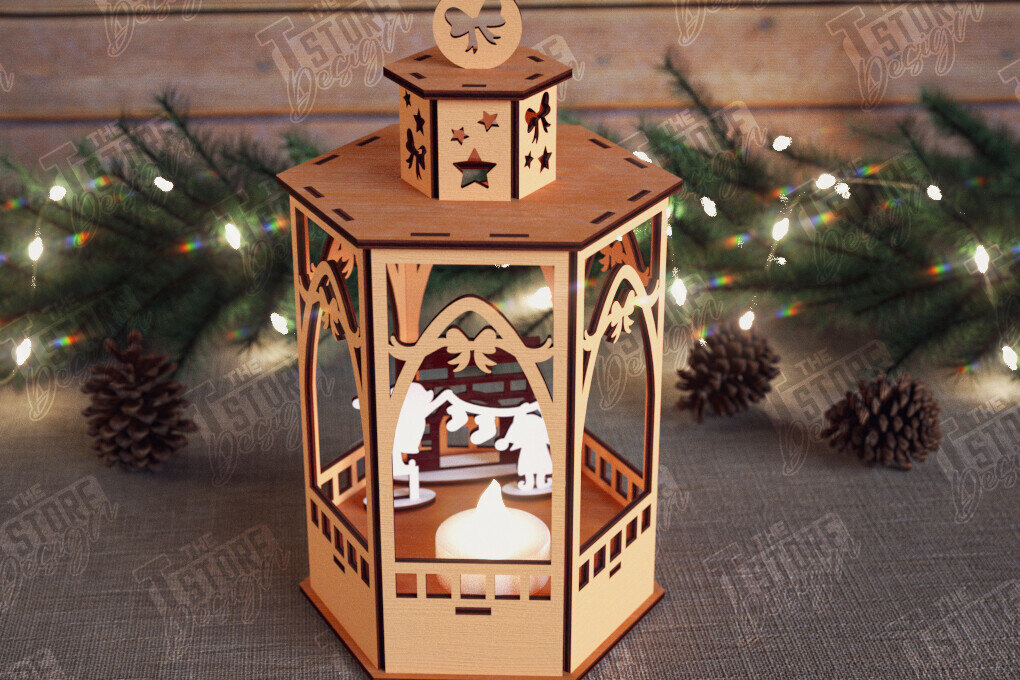 Σετ των 2 Intra απο ξύλο plywood 3mm-4mm πάχος 3D Χριστουγεννιάτικο Φανάρι | Κηροπήγιο Δίασταση 15x15 cm INTRAFABR-110588479