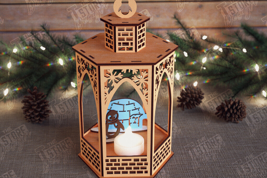 Σετ των 2 Intra απο ξύλο plywood 3mm-4mm πάχος 3D Χριστουγεννιάτικο Φανάρι | Κηροπήγιο Δίασταση 15x15 cm INTRAFABR-110588495