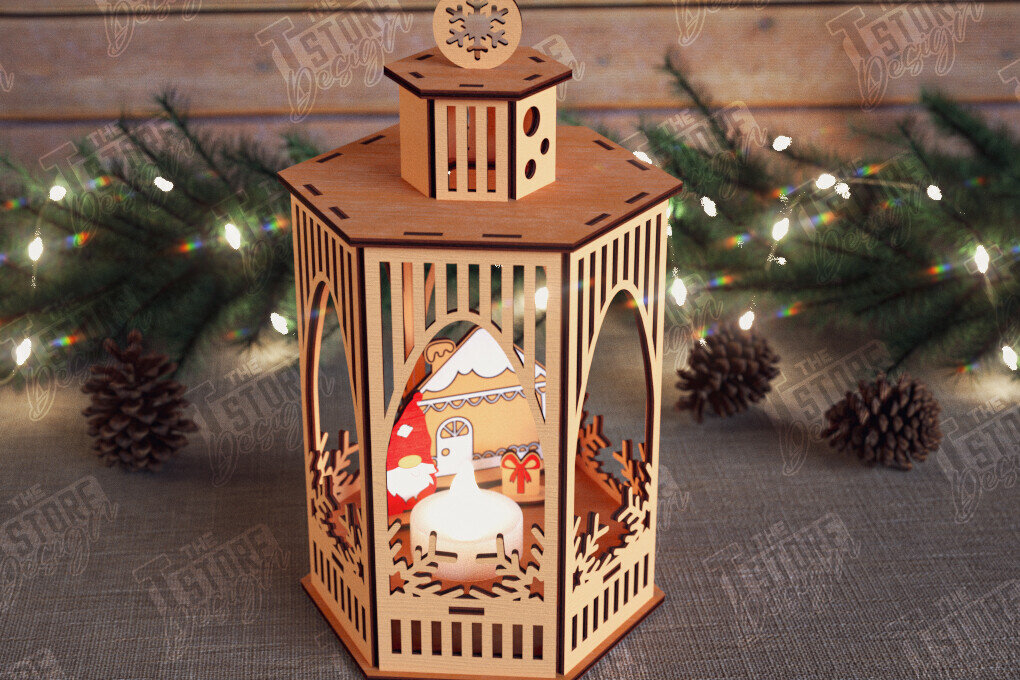 Σετ των 2 Intra απο ξύλο plywood 3mm-4mm πάχος 3D Χριστουγεννιάτικο Φανάρι | Κηροπήγιο Δίασταση 15x15 cm INTRAFABR-110588379