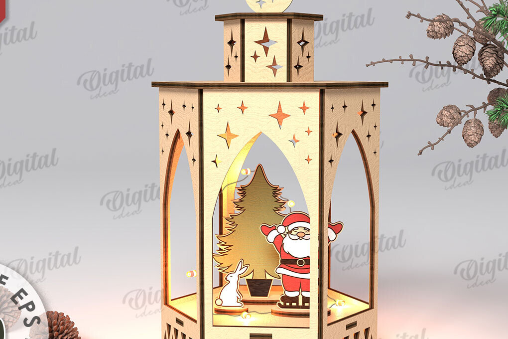 Σετ των 2 Intra απο ξύλο plywood 3mm-4mm πάχος Τρισδιάστατο σχέδιο κοπής με λέιζερ Χριστουγεννιάτικο φανάρι Δίασταση 15x15 cm INTRAFABR-108833342