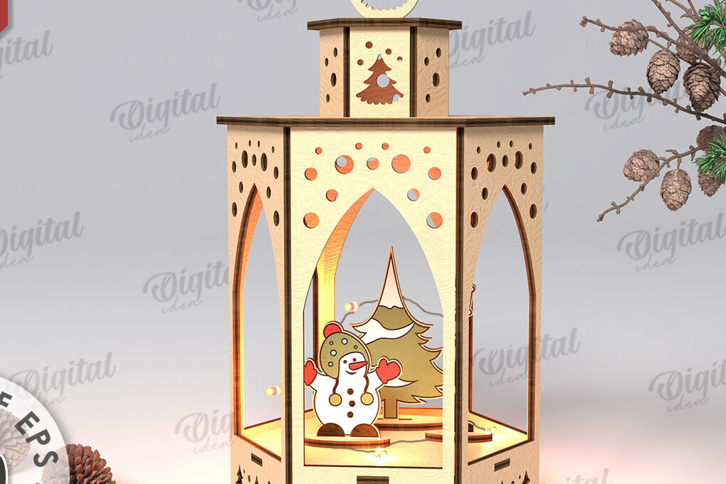 Σετ των 2 Intra απο ξύλο plywood 3mm-4mm πάχος Τρισδιάστατο σχέδιο κοπής με λέιζερ Χριστουγεννιάτικο φανάρι Δίασταση 15x15 cm INTRAFABR-108833479