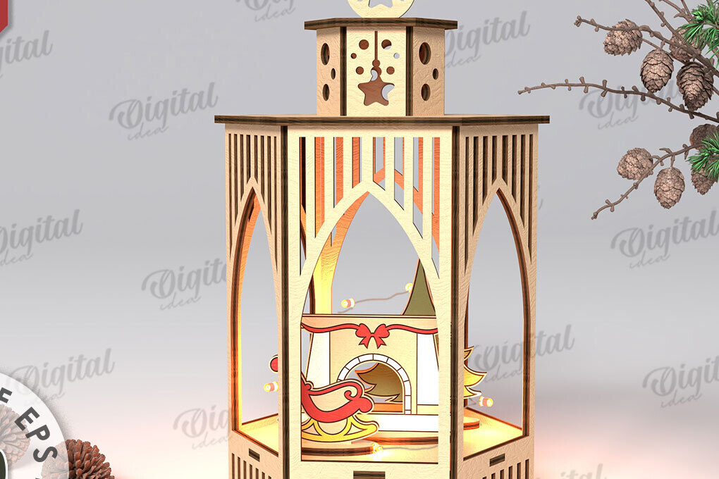 Σετ των 2 Intra απο ξύλο plywood 3mm-4mm πάχος Τρισδιάστατο σχέδιο κοπής με λέιζερ Χριστουγεννιάτικο φανάρι Δίασταση 15x15 cm INTRAFABR-108833544