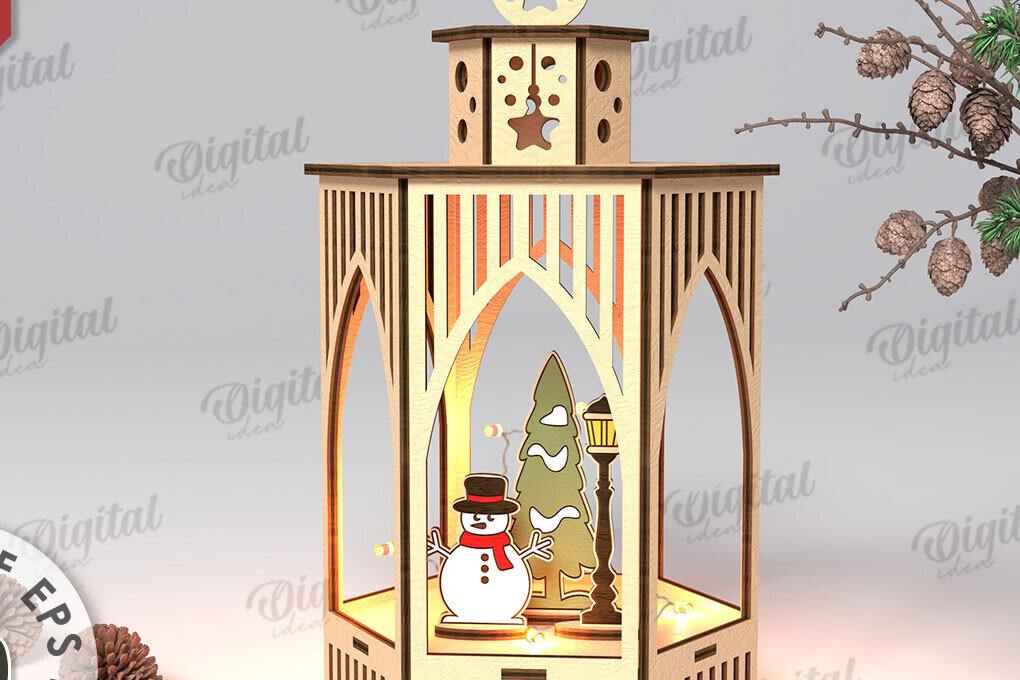 Σετ των 2 Intra απο ξύλο plywood 3mm-4mm πάχος Τρισδιάστατο σχέδιο κοπής με λέιζερ Χριστουγεννιάτικο φανάρι Δίασταση 15x15 cm INTRAFABR-108833605