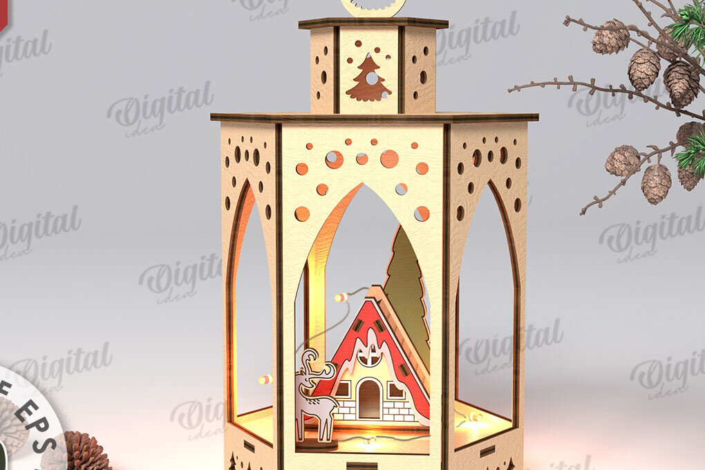 Σετ των 2 Intra απο ξύλο plywood 3mm-4mm πάχος Τρισδιάστατο σχέδιο κοπής με λέιζερ Χριστουγεννιάτικο φανάρι Δίασταση 15x15 cm INTRAFABR-108833673