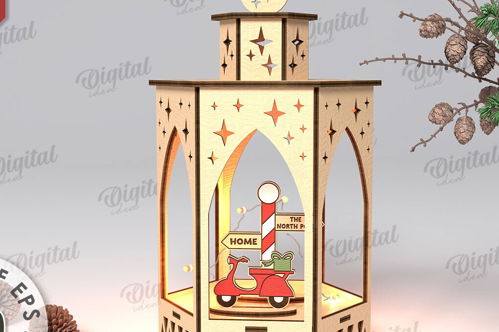 Σετ των 3 Intra απο ξύλο plywood 3mm-4mm πάχος Τρισδιάστατο σχέδιο κοπής με λέιζερ Χριστουγεννιάτικο φανάρι Δίασταση 15x15 cm INTRAFABR-108833810