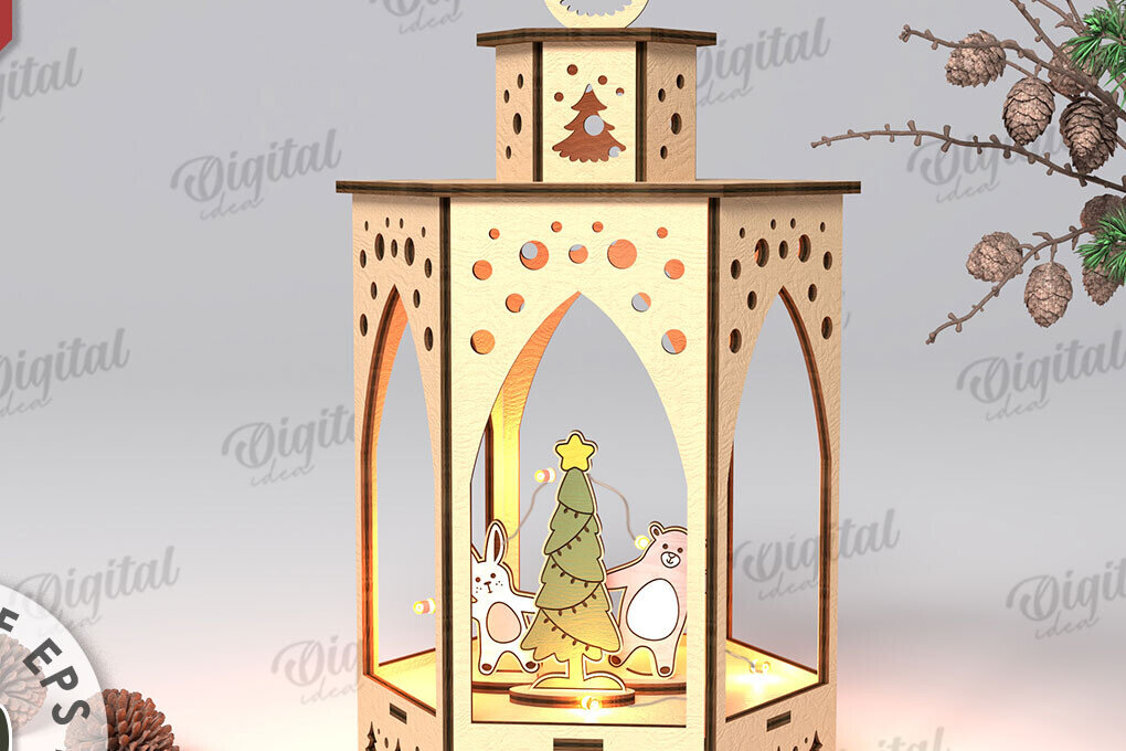 Σετ των 2 Intra απο ξύλο plywood 3mm-4mm πάχος Τρισδιάστατο σχέδιο κοπής με λέιζερ Χριστουγεννιάτικο φανάρι Δίασταση 15x15 cm INTRAFABR-108833916