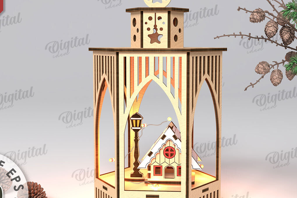 Σετ των 2 Intra απο ξύλο plywood 3mm-4mm πάχος Τρισδιάστατο σχέδιο κοπής με λέιζερ Χριστουγεννιάτικο φανάρι Δίασταση 15x15 cm INTRAFABR-108833305