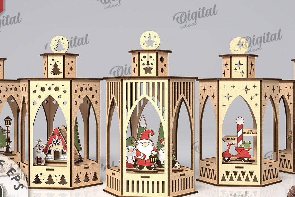 Σετ των 2 Intra απο ξύλο plywood 3mm-4mm πάχος κοπής 3D Χριστουγεννιάτικων Φαναριών με λέιζερ Δίασταση 15x15 cm INTRAFABR-108836503