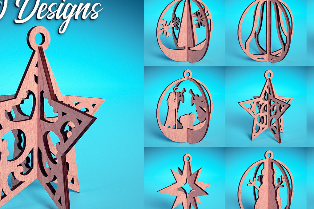Σετ των 3 Intra απο ξύλο plywood 3mm-4mm πάχος Τρισδιάστατα χριστουγεννιάτικα στολίδια με λέιζερ | Δίασταση 8x8 cm INTRAFABR-71698792