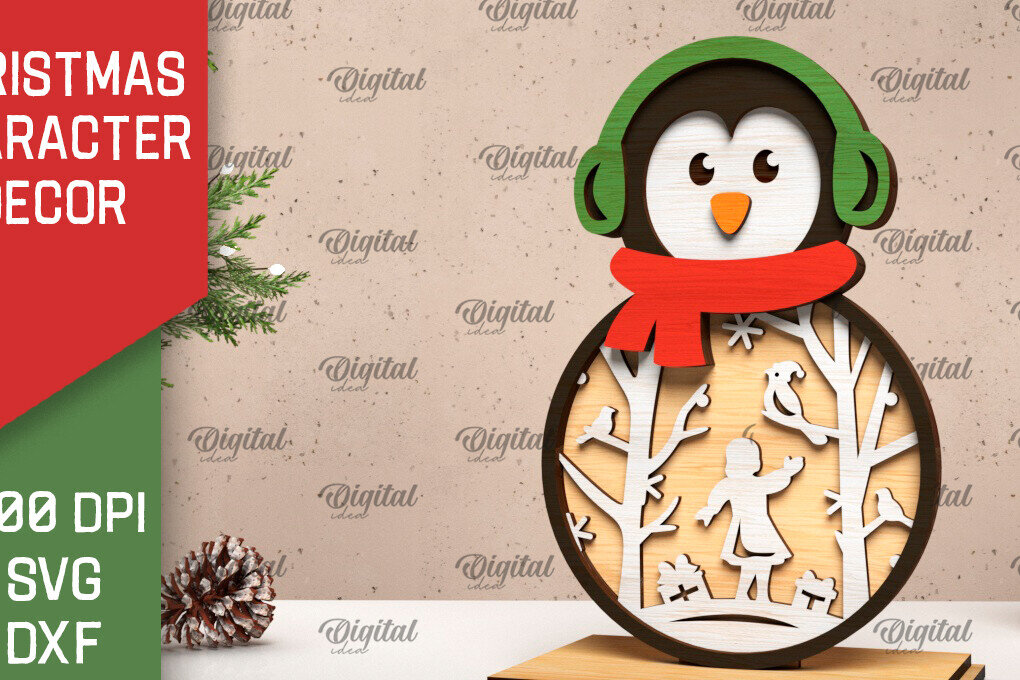 Σετ των 2 Intra απο ξύλο plywood 3mm-4mm πάχος Τρισδιάστατη Χριστουγεννιάτικη διακόσμηση πιγκουίνου Δίασταση 15x15 cm INTRAFABR-105996402