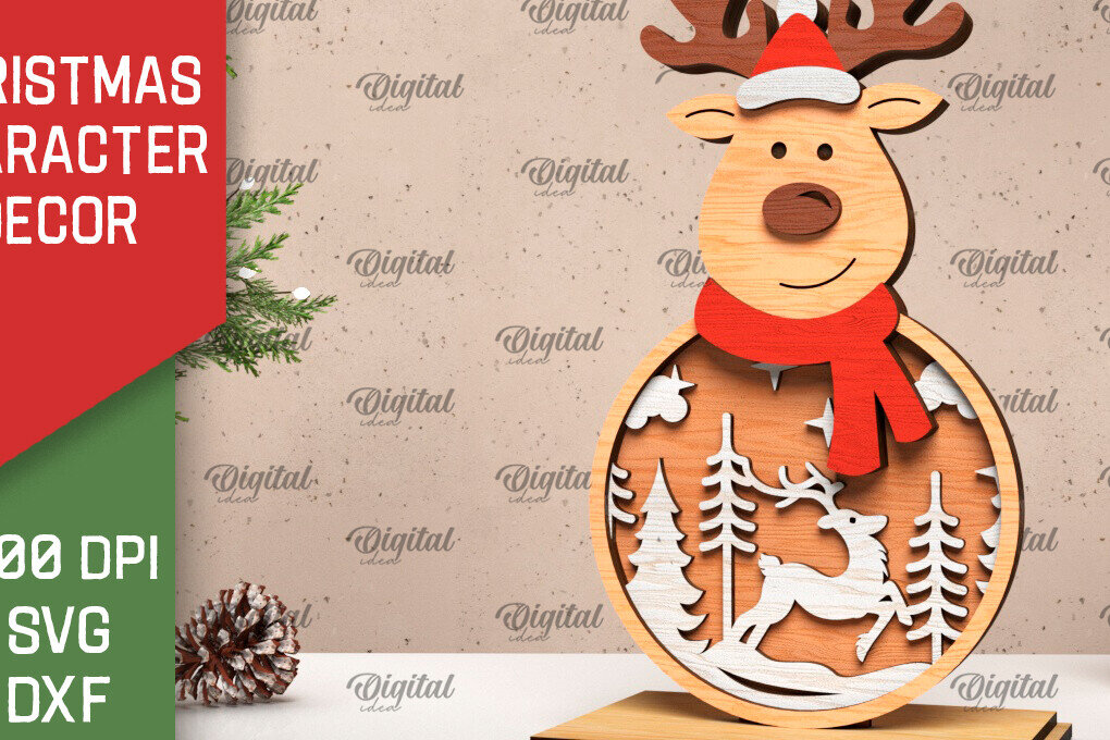 Σετ των 2 Intra απο ξύλο plywood 3mm-4mm πάχος Τρισδιάστατο χριστουγεννιάτικο ντεκόρ τάρανδος Δίασταση 15x15 cm INTRAFABR-105996099