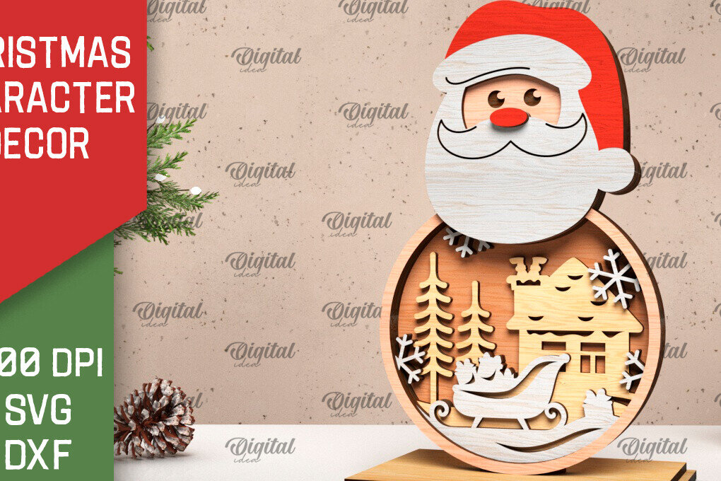 Σετ των 2 Intra απο ξύλο plywood 3mm-4mm πάχος Τρισδιάστατη χριστουγεννιάτικη διακόσμηση Άγιου Βασίλη Δίασταση 15x15 cm INTRAFABR-105996234