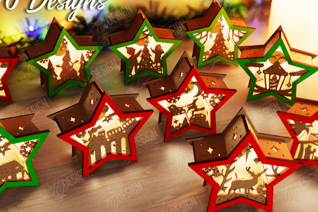 Σετ των 2 Intra απο ξύλο plywood 3mm-4mm πάχος Τρισδιάστατη δέσμη φαναριών χριστουγεννιάτικων σκιών Δίασταση 15x15 cm INTRAFABR-108447943