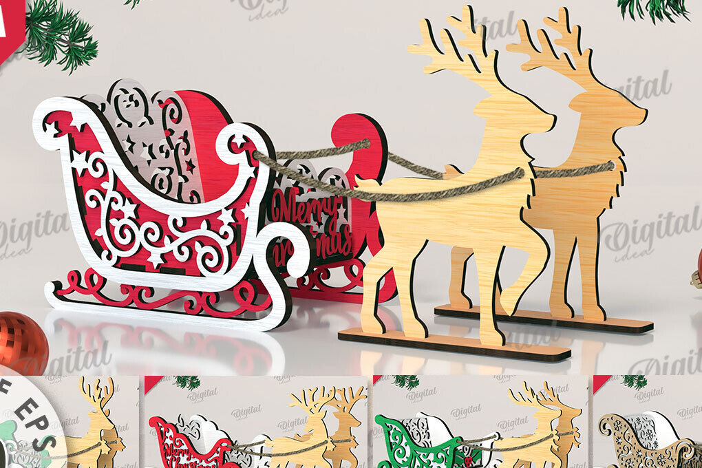 Σετ των 2 Intra απο ξύλο plywood 3mm-4mm πάχος κοπής με λέιζερ 3D Χριστουγεννιάτικων έλκηθρων Δίασταση 15x15 cm INTRAFABR-109662318