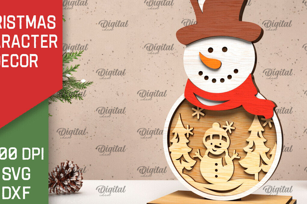 Σετ των 2 Intra απο ξύλο plywood 3mm-4mm πάχος Τρισδιάστατη χριστουγεννιάτικη διακόσμηση χιονάνθρωπος Δίασταση 15x15 cm INTRAFABR-105995956