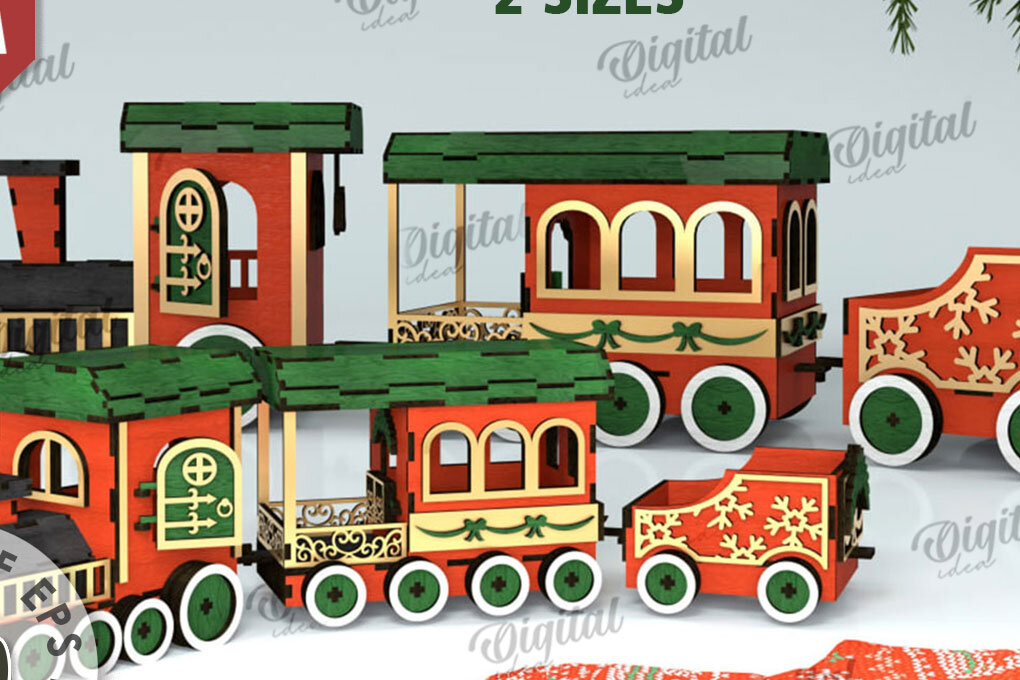 Σετ των 2 Intra απο ξύλο plywood 3mm-4mm πάχος Τρισδιάστατο σχέδιο κοπής με λέιζερ Χριστουγεννιάτικο τρένο Δίασταση 15x15 cm INTRAFABR-106661605