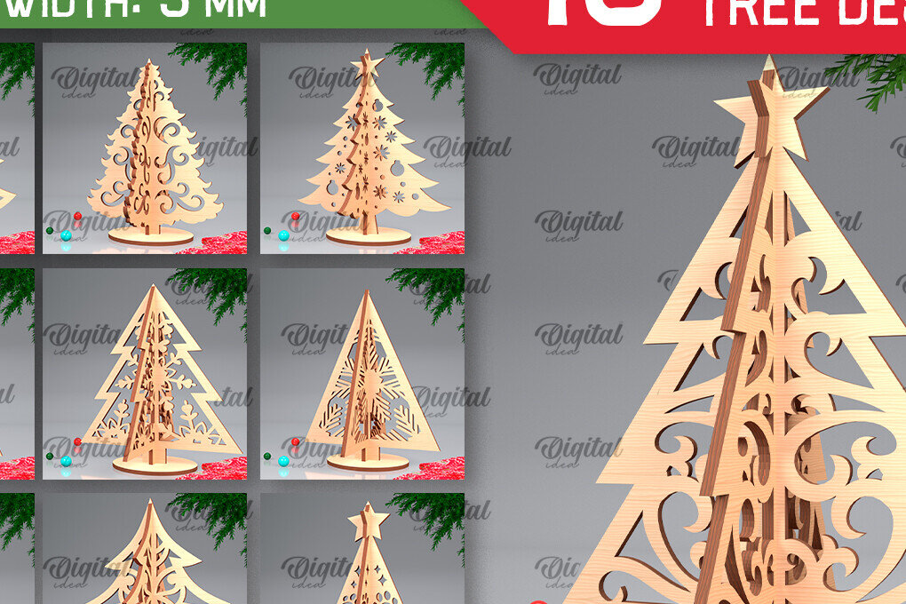 Σετ των 2 Intra απο ξύλο plywood 3mm-4mm πάχος Δέσμη κοπής με λέιζερ τρισδιάστατα χριστουγεννιάτικα δέντρα Δίασταση 15x15 cm INTRAFABR-104363594