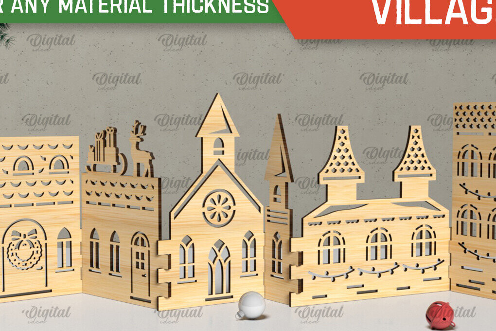 Σετ των 2 Intra απο ξύλο plywood 3mm-4mm πάχος Τρισδιάστατη Χριστουγεννιάτικου χωριού. Χριστούγεννα Δίασταση 15x15 cm INTRAFABR-105568528