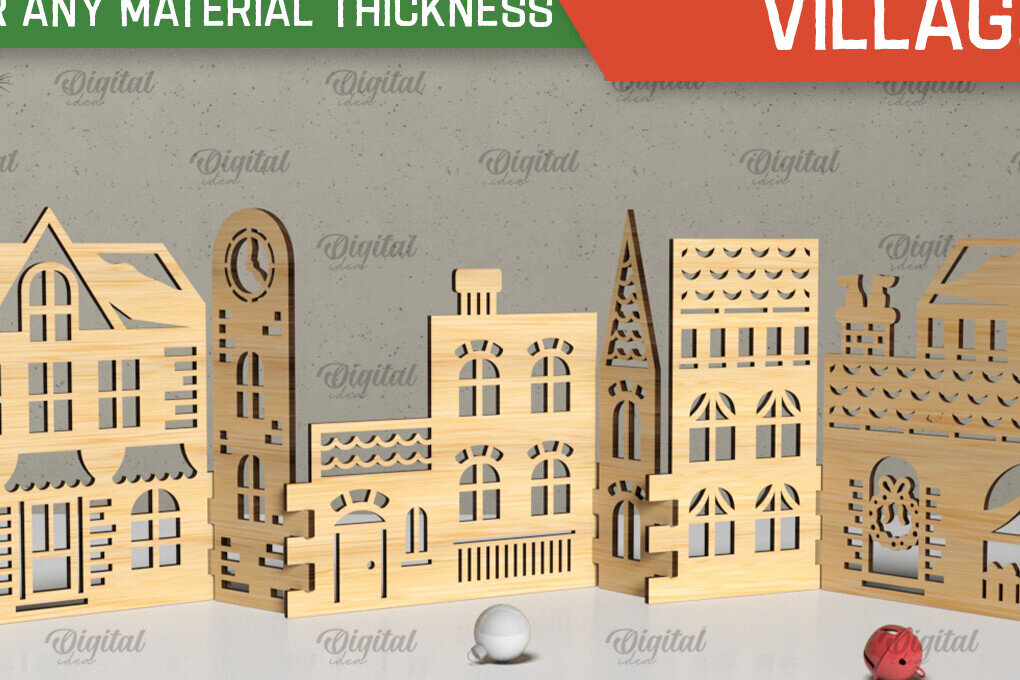 Σετ των 2 Intra απο ξύλο plywood 3mm-4mm πάχος Τρισδιάστατη Χριστουγεννιάτικου χωριού. Χριστούγεννα Δίασταση 15x15 cm INTRAFABR-105568559