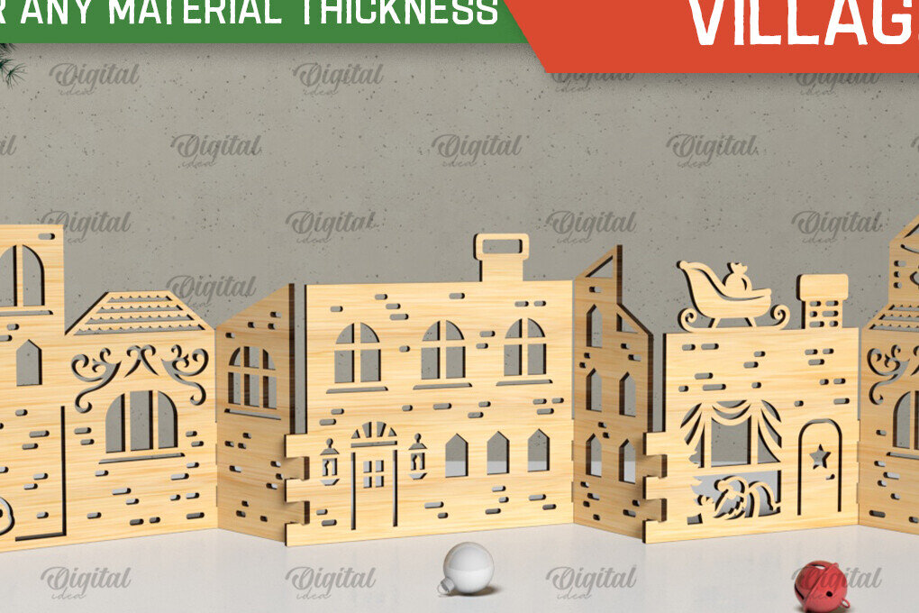 Σετ των 2 Intra απο ξύλο plywood 3mm-4mm πάχος Τρισδιάστατη Χριστουγεννιάτικου χωριού. Χριστούγεννα Δίασταση 15x15 cm INTRAFABR-105568665