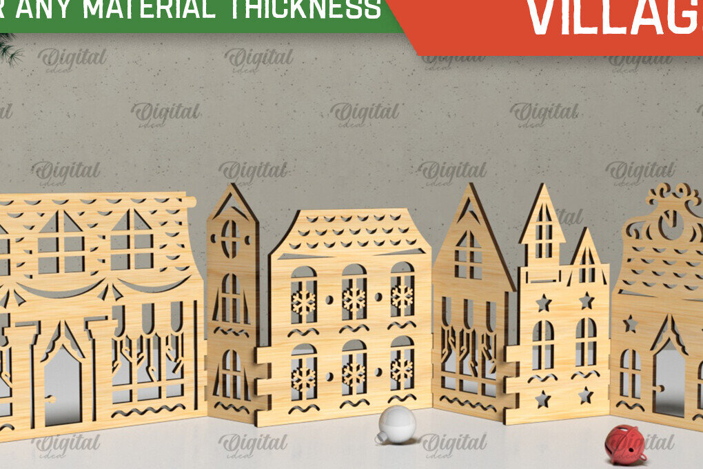 Σετ των 2 Intra απο ξύλο plywood 3mm-4mm πάχος Τρισδιάστατη Χριστουγεννιάτικου χωριού. Χριστούγεννα Δίασταση 15x15 cm INTRAFABR-105568484